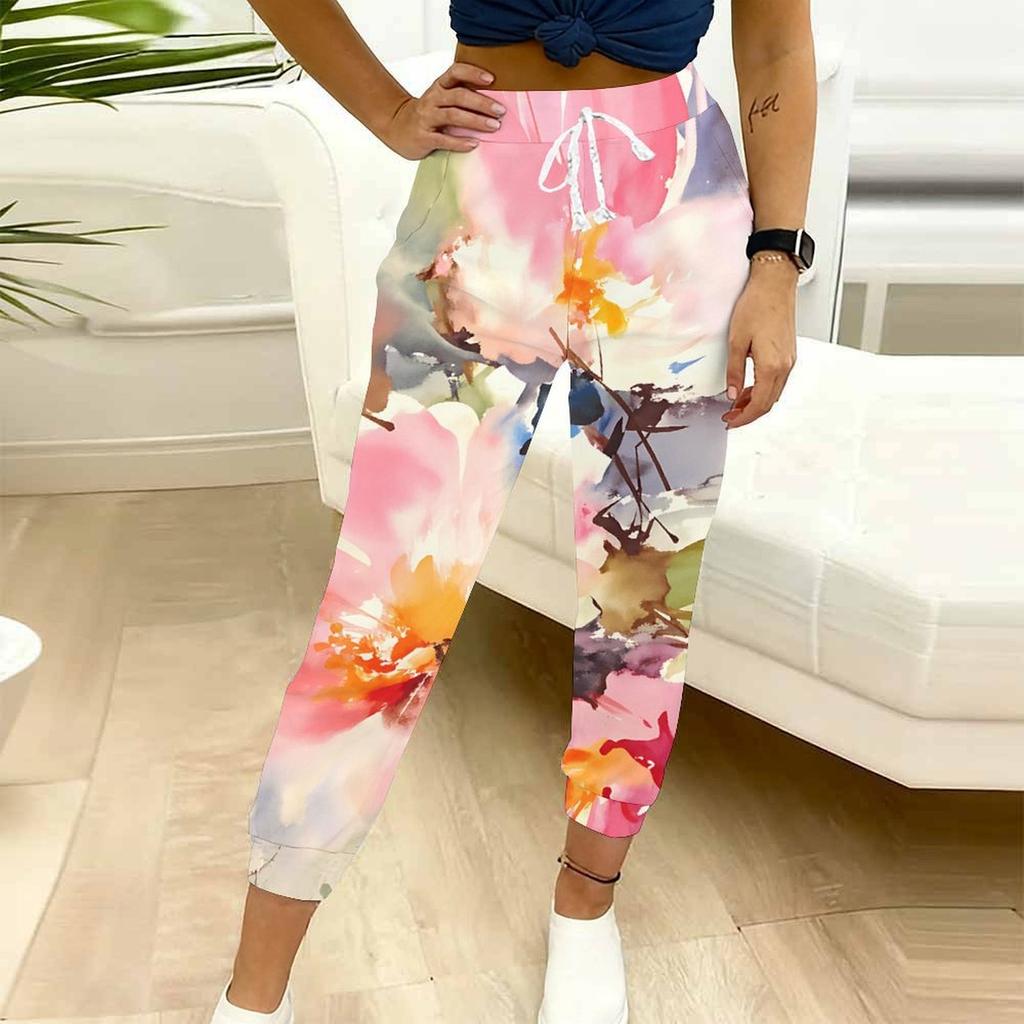 Summer Ladies Two Types of Flowers Printed Sweatpants Loose Fit Drawstring Joggers Elastic Cuff Daily Casual Pants