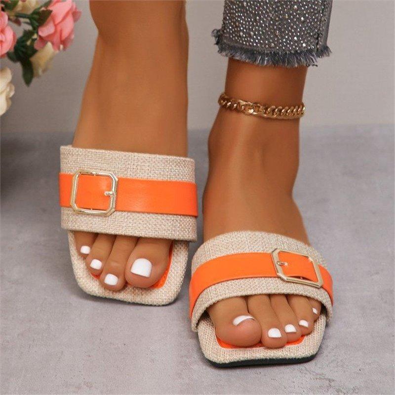 European and American Large-size Metal Buckle Flat Bottom Square Head One-word Slippers, Wearing Versatile Open-toed Dongmen Retro Cool Slippers Women