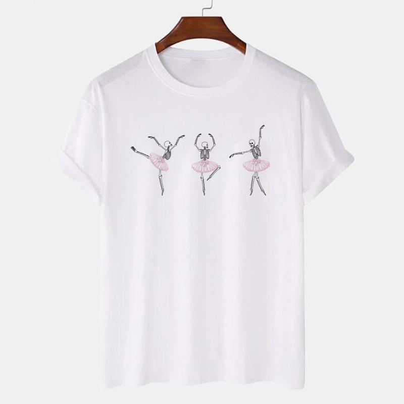 Szkielet Taniec Baletowy Nadruk Gotycki T-shirt Krótki Rękaw Retro Zabawny Halloweenowy T-shirt Hippie Urocze Graficzne Koszulki Sztuka Odzież Damska
