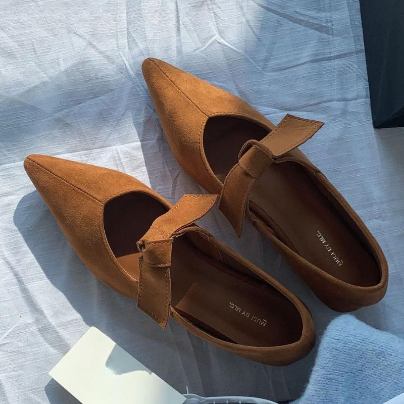 Satin Pointed Toe Mary Jane Bow Knitted Flats Shallow Comfortable Chunky Heel Women's Casual Shoes Elegant Design Ballet Shoes