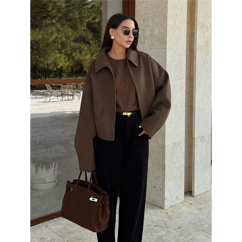 Autumn Fashionable Solid Color Wide Zipper Woolen Jacket For Women
