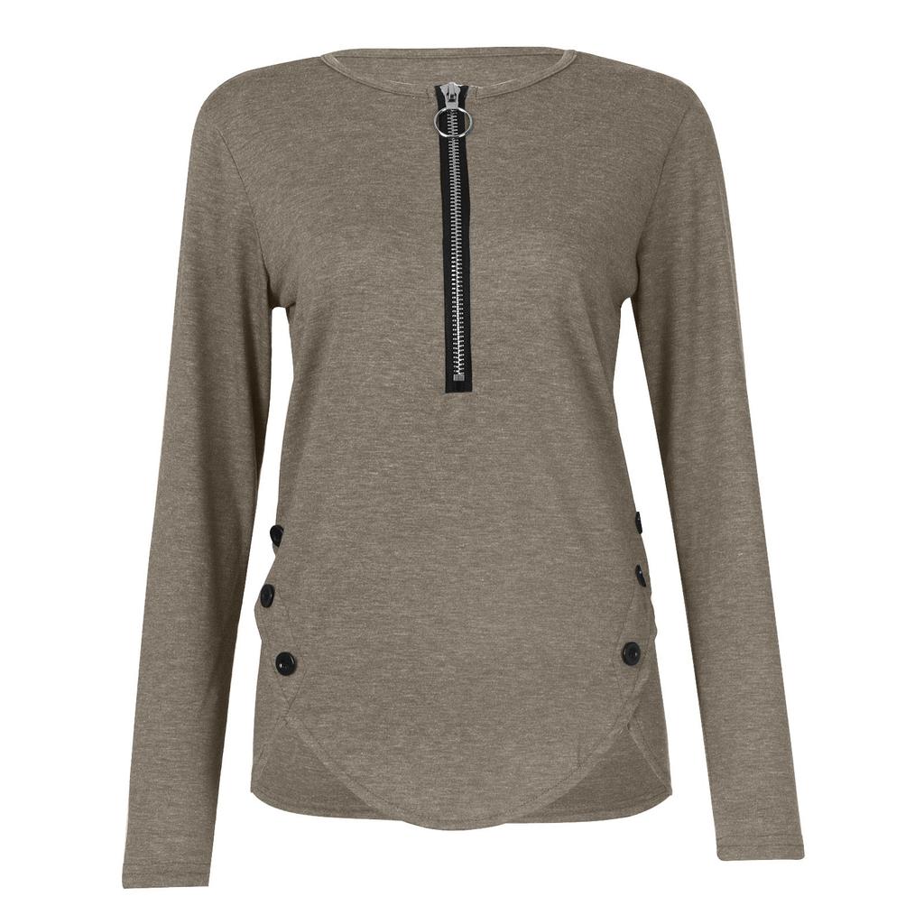 Womens Casual  Zipper Longsleeved Neck Button Tshirt Top