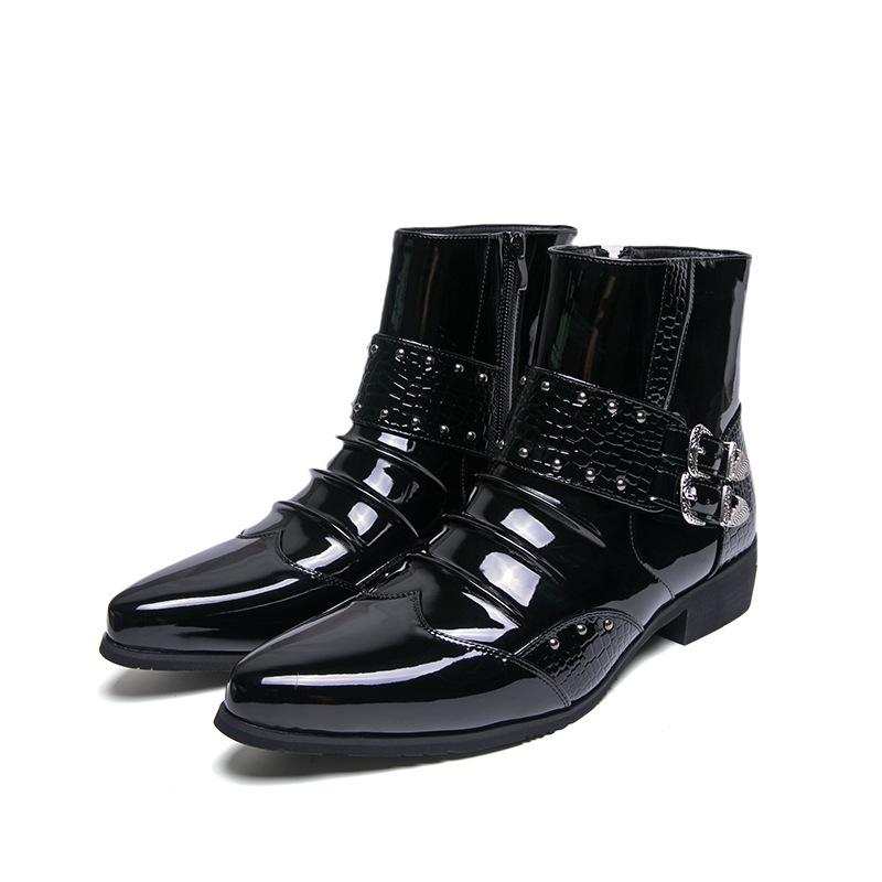 

Autumn glossy pointed leather boots British style dress casual shoes high top leather shoes short boots Chelsea boots men s shoes 46 чорний