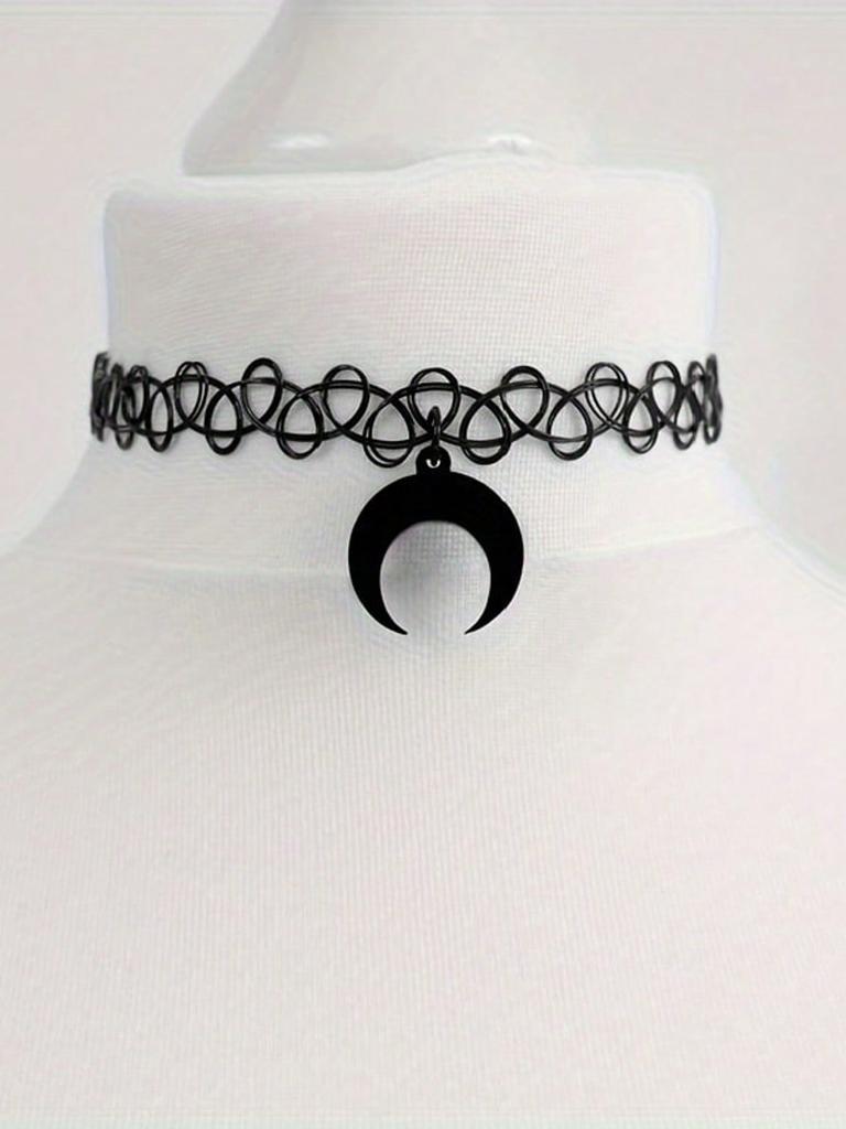 Gothic Moon Star Pendant Choker Necklace - Vintage-Inspired, Adjustable Clavicle Elastic Stretchy Chain with Hollow Design Tattoo Charms Jewelry