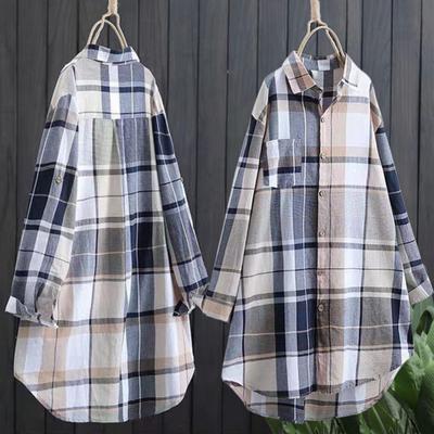Women Shirt Lapel Long Sleeve Colorful Plaid Print Shirt with Pocket Loose Fit Mid-length Single-Breasted Shirt