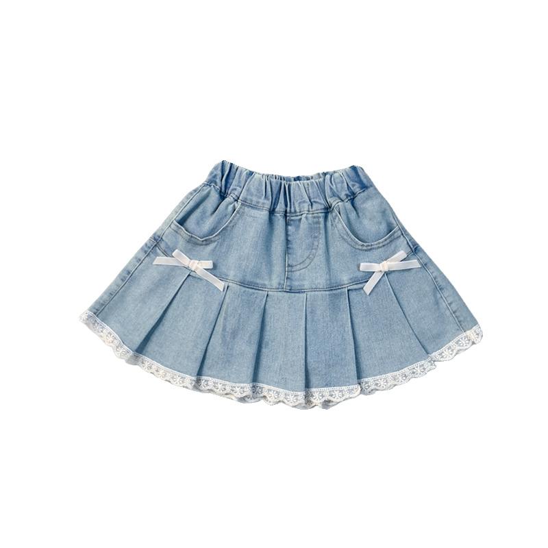 Girls Summer Denim Skirt Cute Korean Style Bow Lace Trim Flared Ruffle Skirt Fashion Toddler Baby Outfit