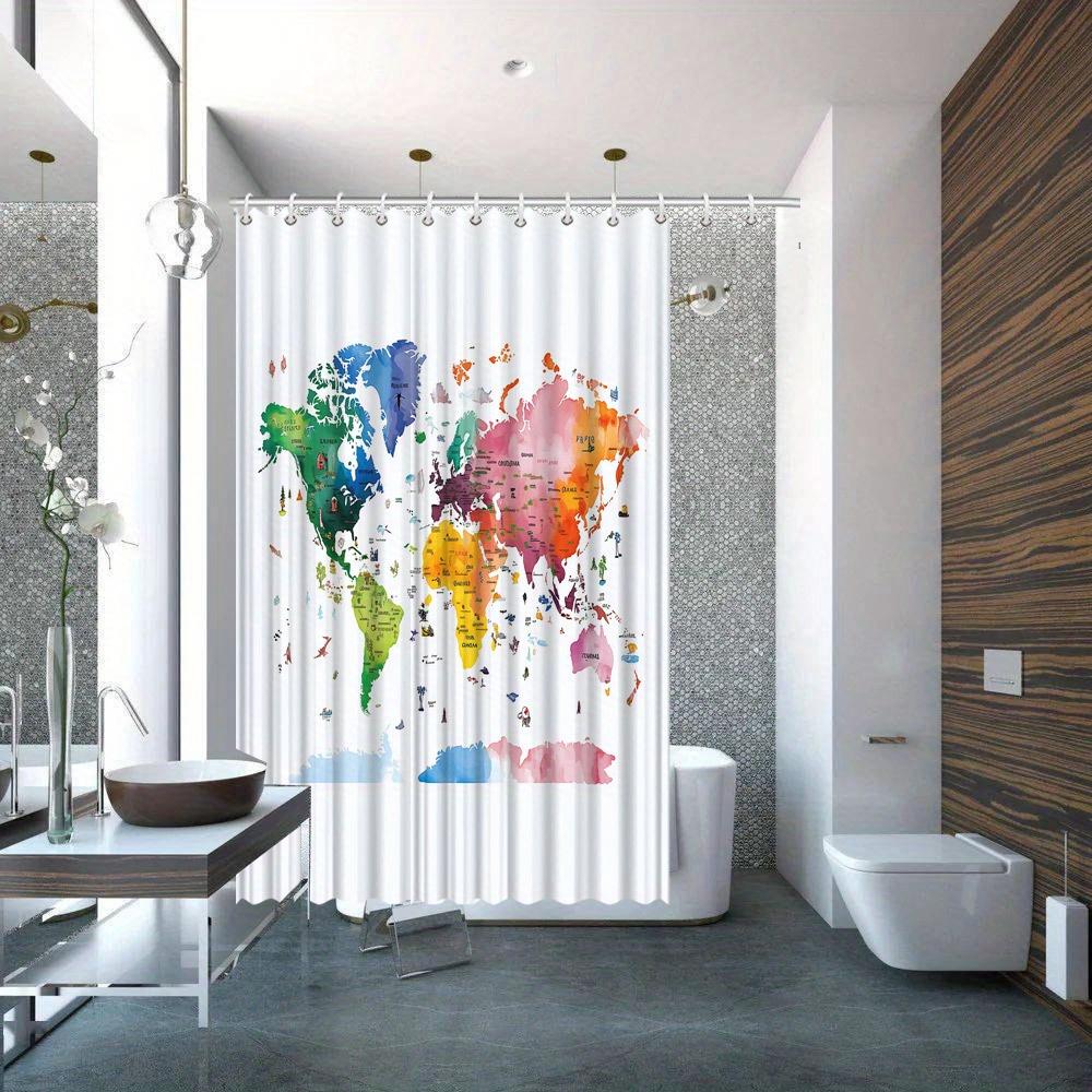 

1pc Watercolor World Map Shower Curtain - Vibrant Overlapping Colors for Continents & Countries, Polyester Fabric, Includes Ho 90x180cm