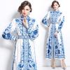 Spring Autumn Women Stand Collar Palace Print Single Breasted Long Maxi Party Dresses with Belt