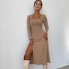 Split Solid Knitted Dress Long Sleeve Khaki Ribbed Casual Women Dresses Midi Ladies Bodycon Dress