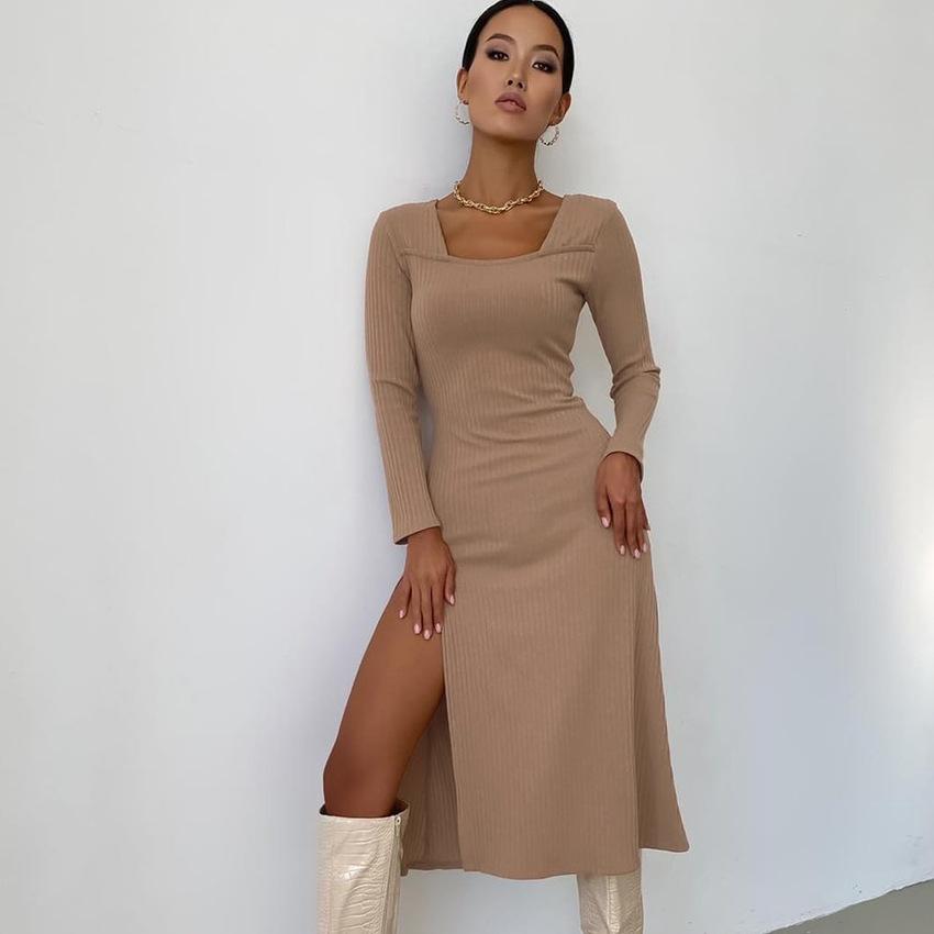 Geteiltes, solides Strickkleid, langärmelig, Khaki, gerippt, lässige Damenkleider, Midi-Damen, figurbetontes Kleid