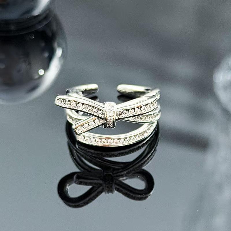 Sweet And Cool Style Bow Full Of Diamonds, Zircon Ring, Open Finger, Women'S Fashion Index Finger Ring, Stacked With Niche Rings