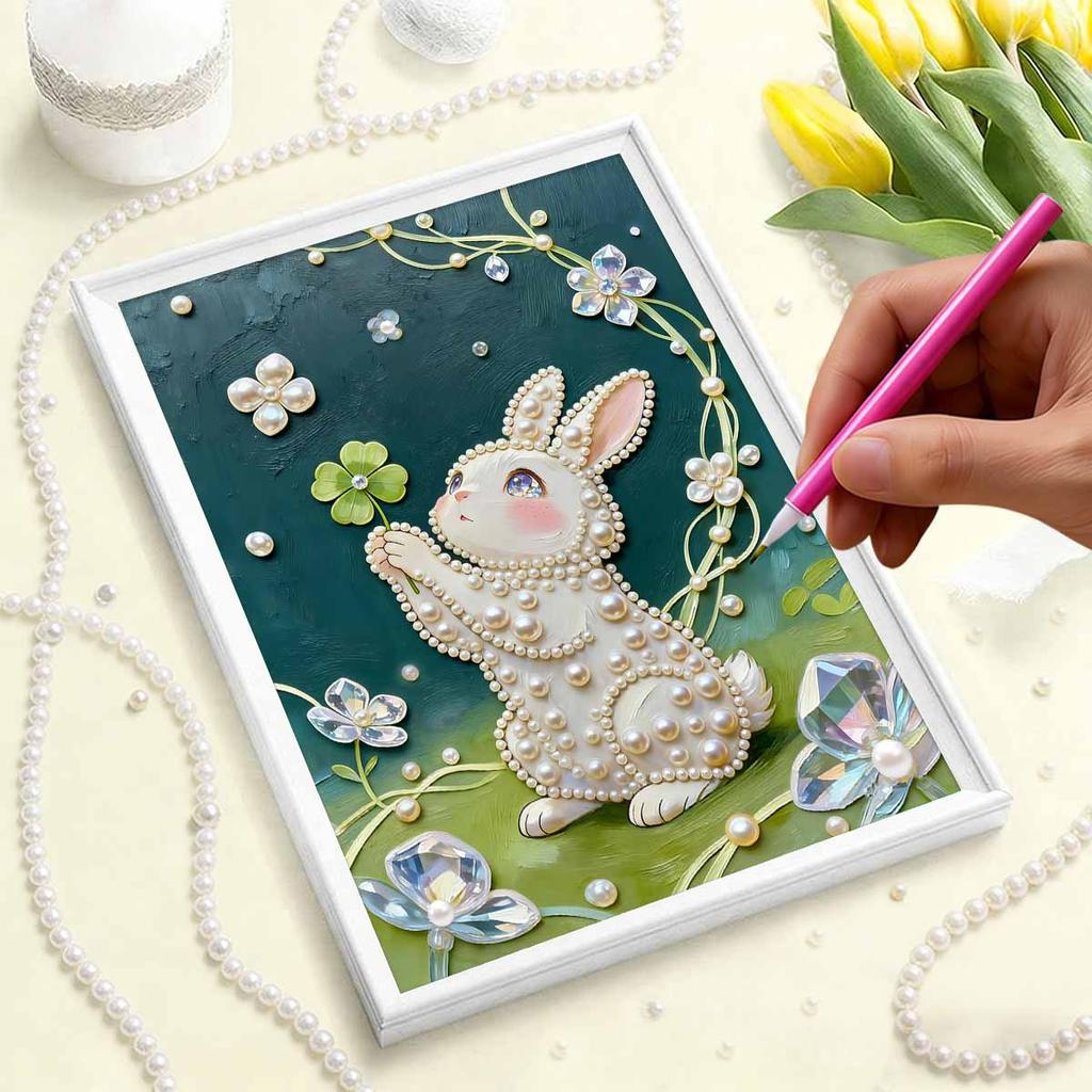 5D Frameless Pearl Painting Rabbit and Flower Diy Handmade Sticky Diamond Creative Canvas Art Painting Bedroom Decoration Living Room Hanging Painting