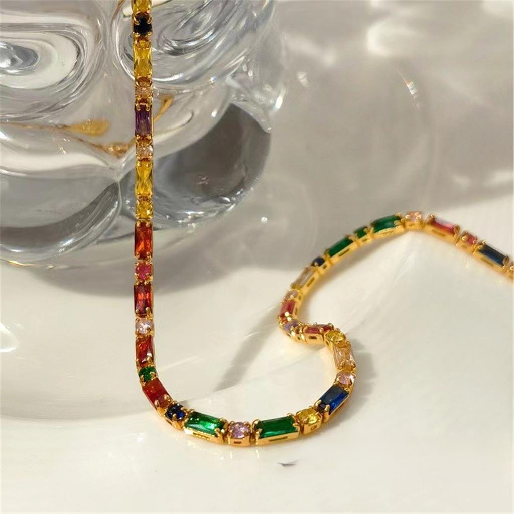 Vintage Styles Square and Round Colorful Gemstones Necklace and Bracelet Fashion Accessory Jewelry Set for Trendy Women