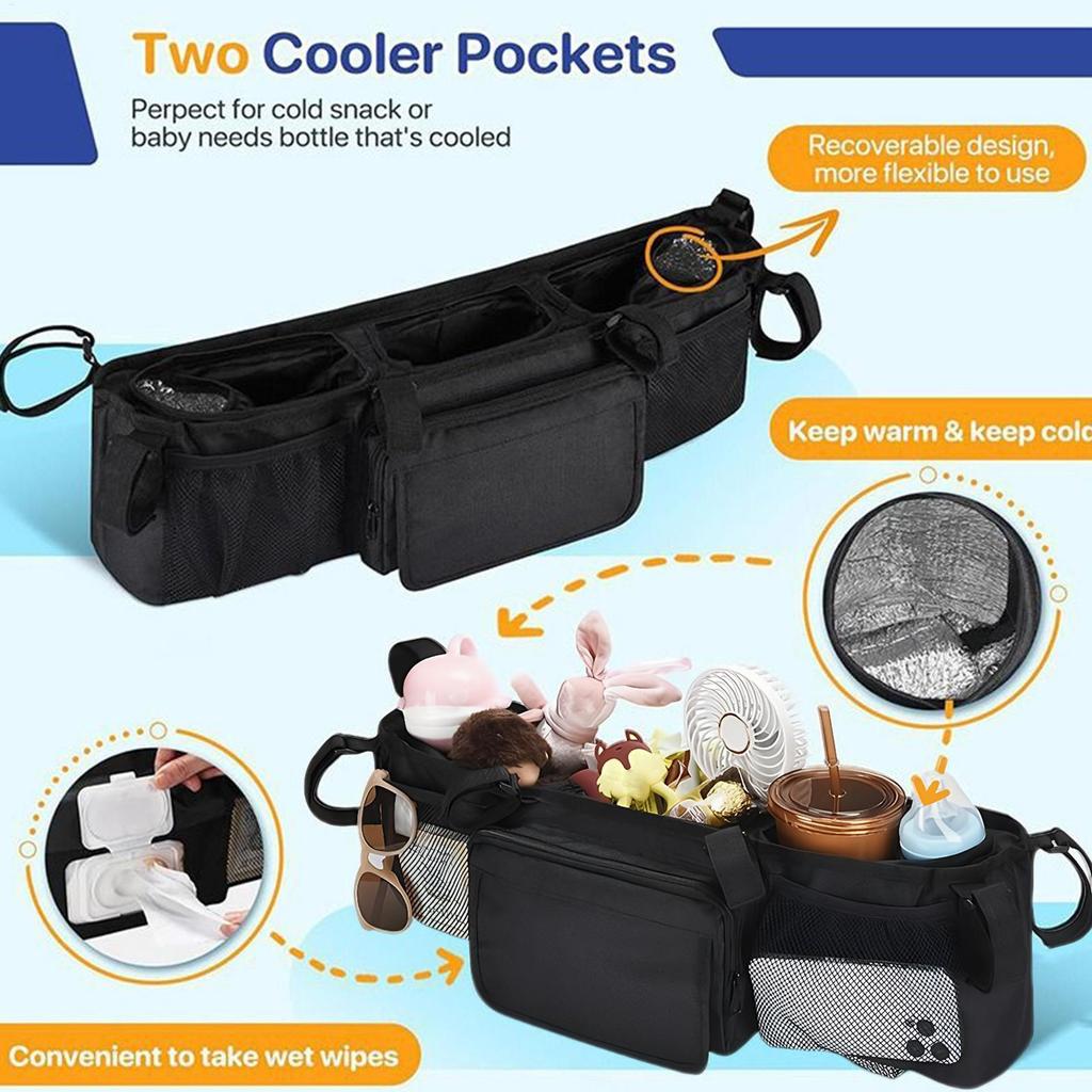 Stroller Organizer Bag Large Waterproof Storage with 3 Compartments Cup Holder for Travel Daily Use Mom Diaper Bag Accessories