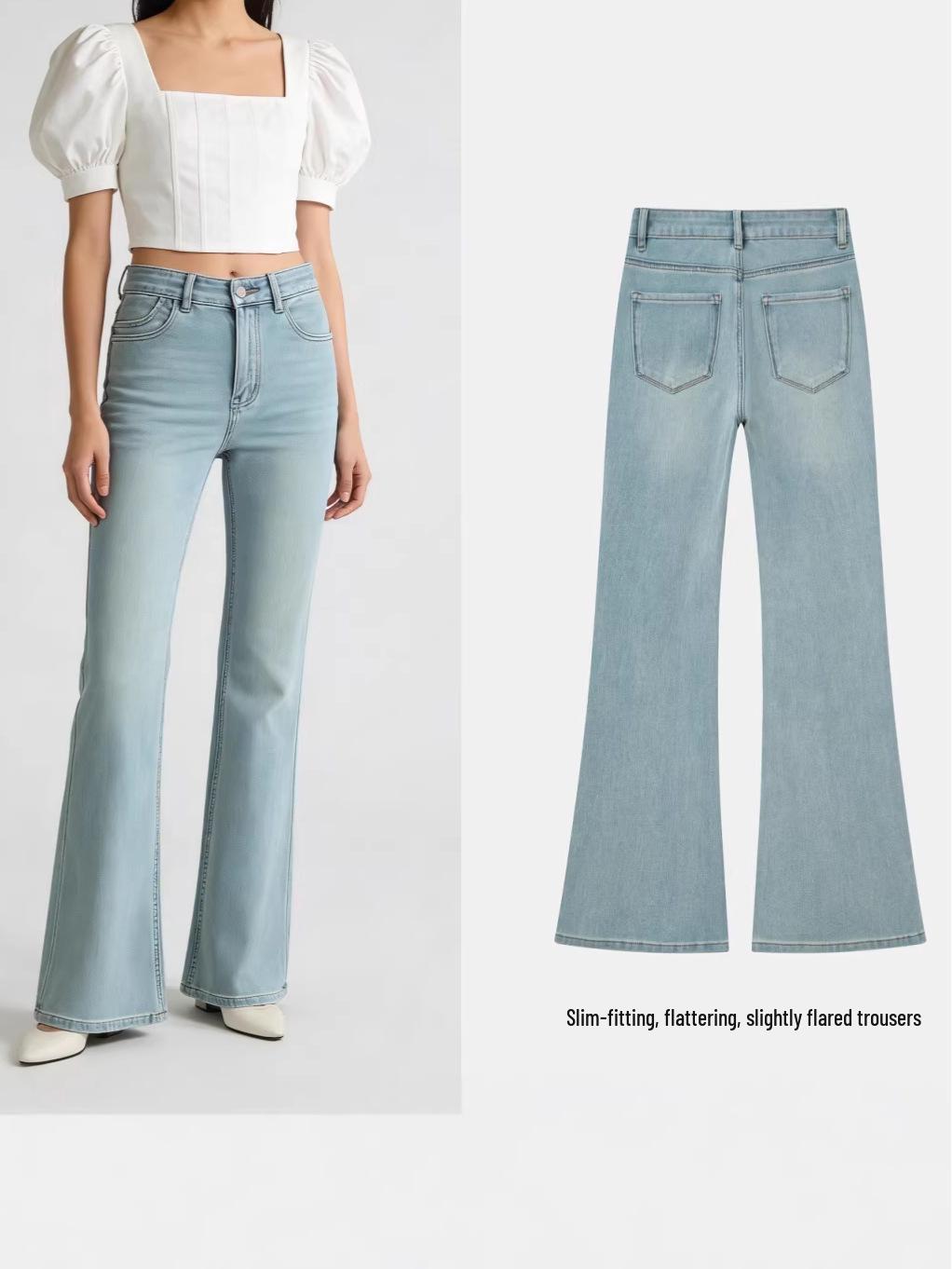 Women s European Blue Tencel High-Waisted Micro-Flare Jeans, Spring 2026, Low Stretch, Slim Fit, Versatile Pants. XL