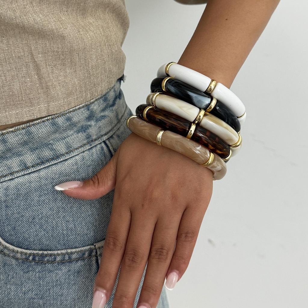 Vintage Stackable Acrylic Bracelets for Women Bohemian Round Retro Tube Beaded Bracelet Bangles Leopard Resin Elastic Bangle  Jewelry Gift