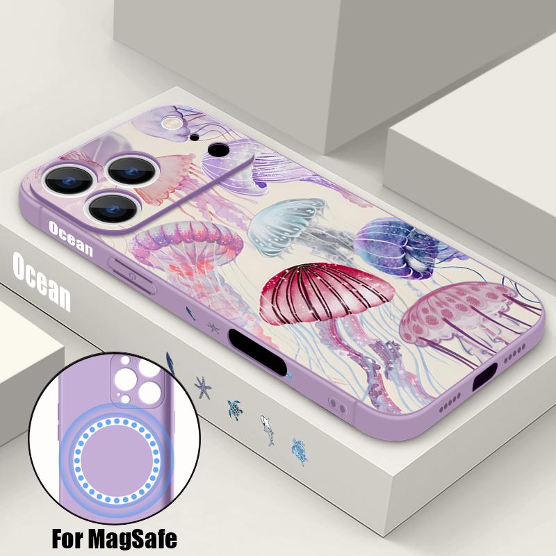 Magnetic For Magsafe Case For iPhone 17 Pro Max Colorful Jellyfish Turtle Print Soft Silicone Phone Back Cover For iPhone 16 15 14 13 Pro Max 16e 17e