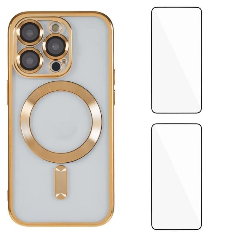 For iPhone 15 Pro Max Magnetic Case WANLONFENG Electroplated TPU Cover with Lens Film+2Pcs Tempered Glass
