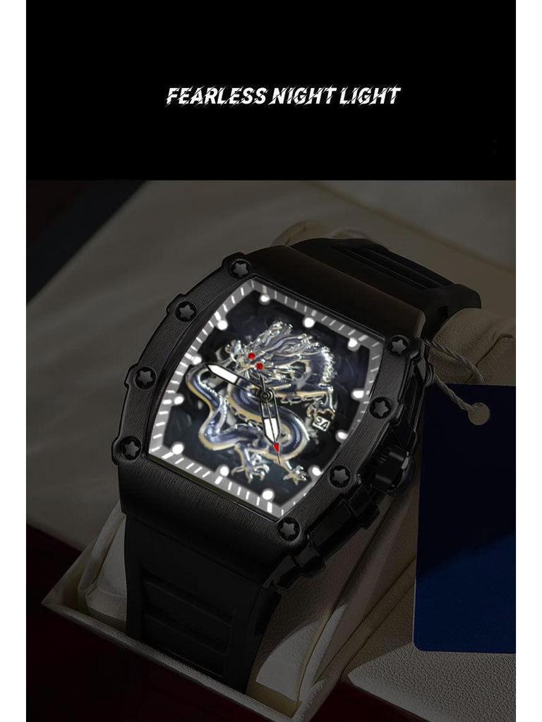 2024 Herren Tonneau Silber Drache Quarz Uhr: Lässig, Sportlich, Leuchtend, Wasserdicht, Vollautomatisch.