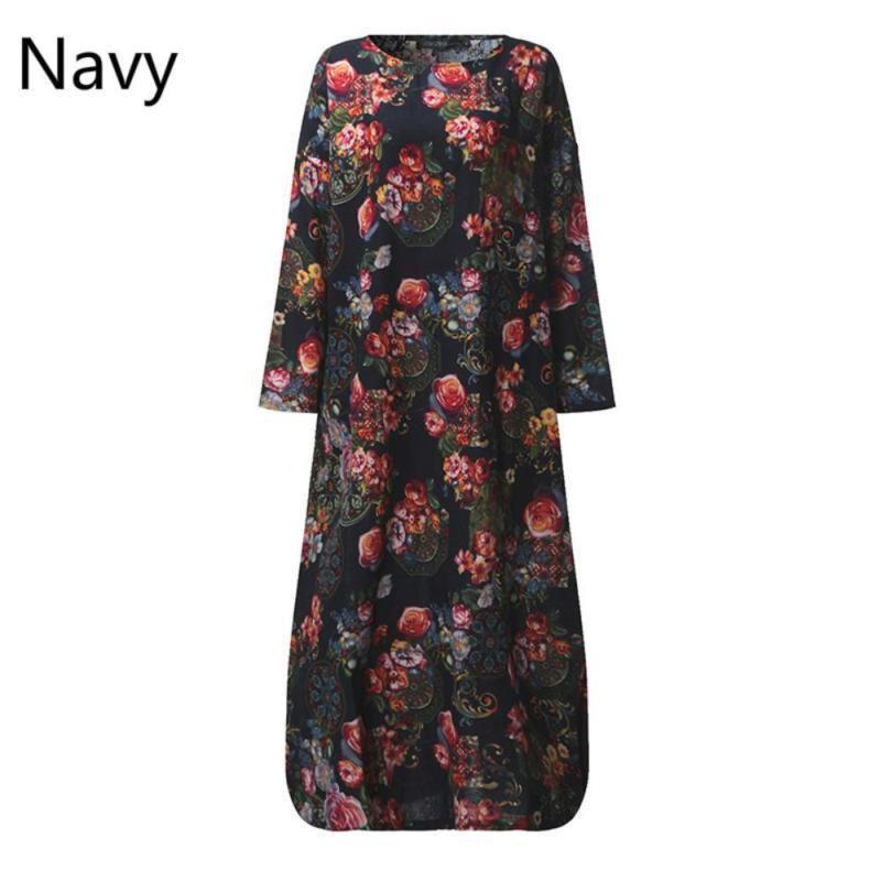 Women Vintage Casual Floral Printed Loose Dress Kaftan Long Maxi Shirt With Timeless Design