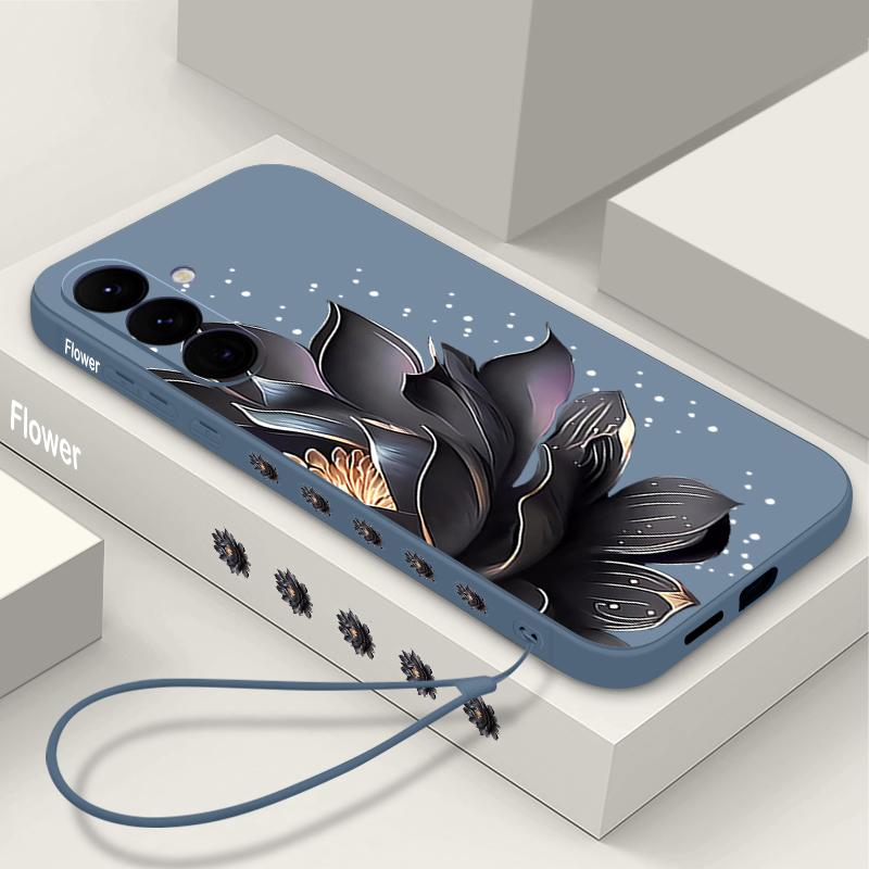 Black Flowers Printing Lanyard Case For Samsung Galaxy S25 Ultra S24 S23 S22 Plus S21 FE A15 A16 A35 A36 A54 A55 A56 5G Capa Coque
