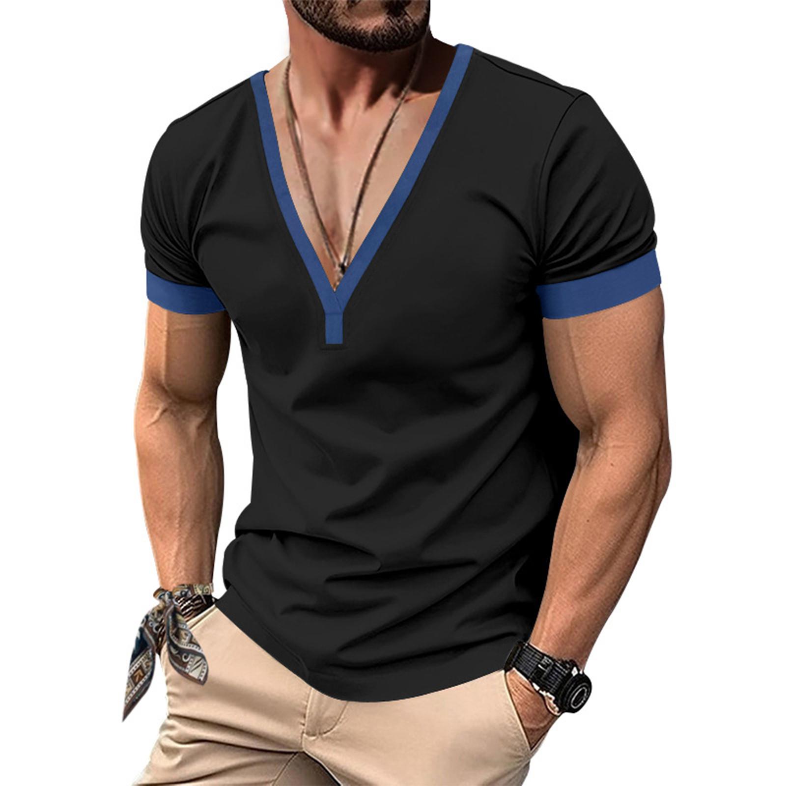 

Men S Fashionable Casual V-Neck T-Shirt Button Short Sleeved Top XXXL чорний