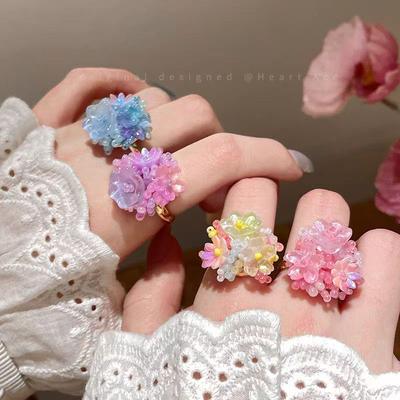 Dopamin Hortensie Blume Ring Damen Süß und Niedlich Urlaubsstil Persönlichkeit Frisch Bunt Perlenring