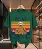 2026 New Cotton Tshirt Retro Gradient Stripe Sitting Sloth Relax Fun English Print Lazy Style Unisex Top