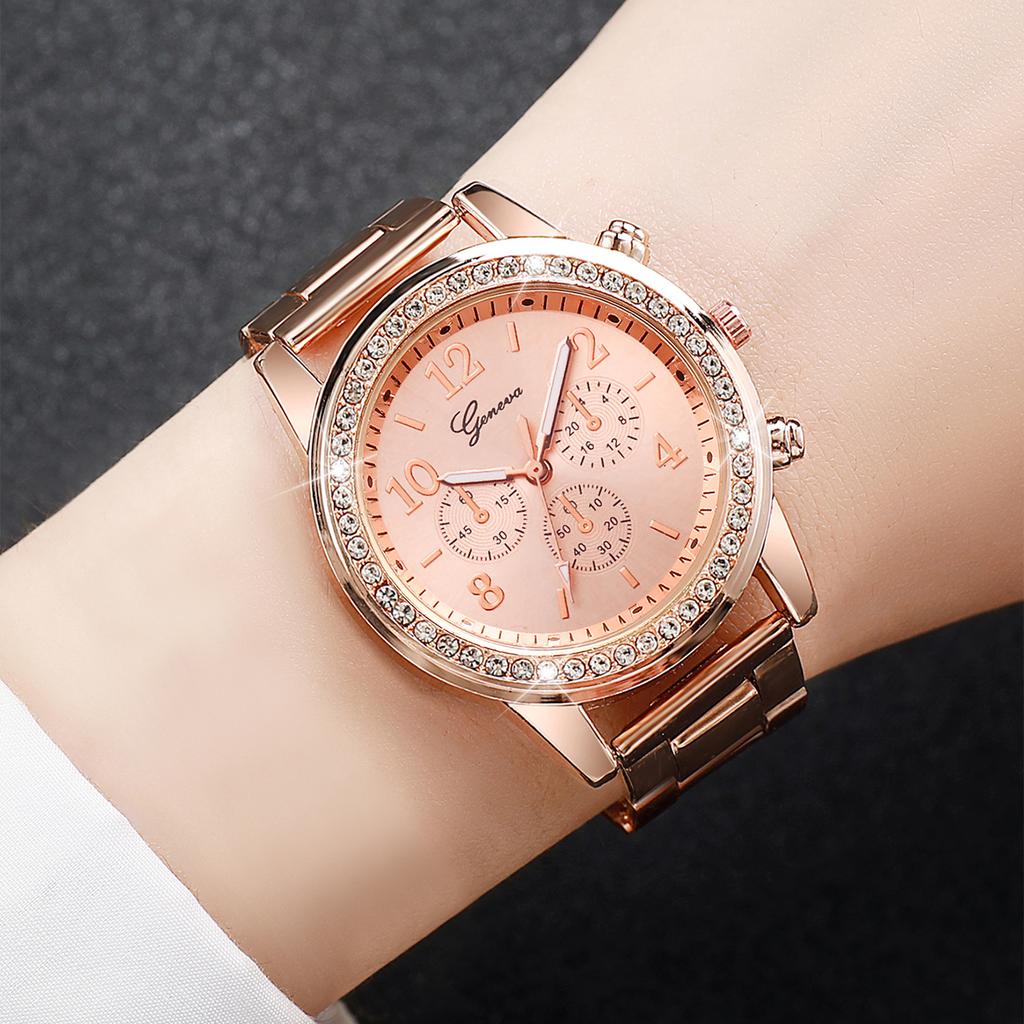 2PCs/Set Fashion Women's Stainless Steel Straps Watch Commuter Style Quartz Watch Bracelet Set Gold Rose Gold