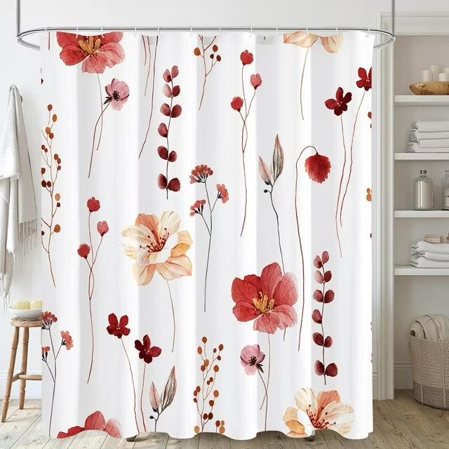 Colored Shower Curtain Plastic Hooks Modern Abstract Floral Design Chic Bathroom Decor