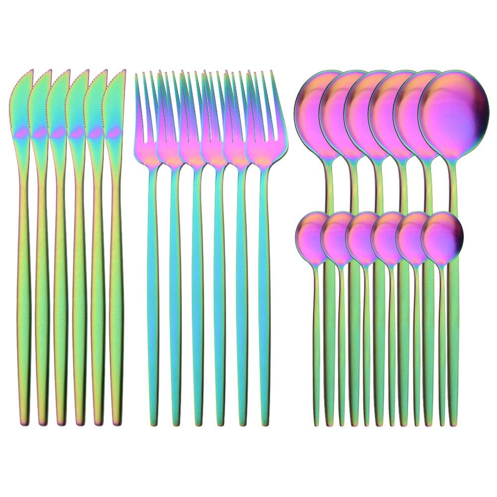 24 deler Matt Svart Gull Bestikksett Gaffel Skje Kniv Bestikksett Rustfritt stål Bestikk Komplett servisesett Kjøkken