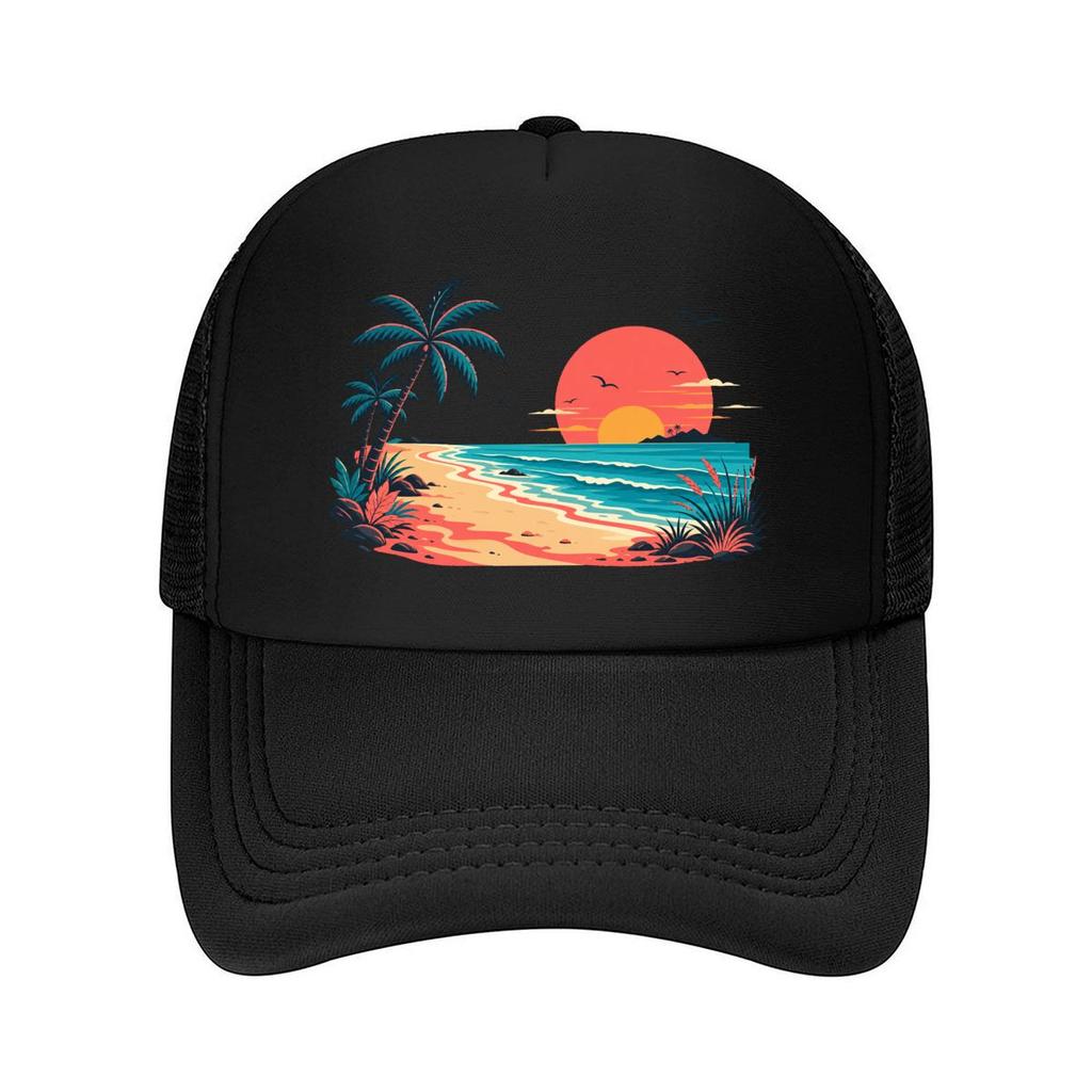 Retro Tropical Coast Sunset Escape Mesh Baseball Cap Hip Hop