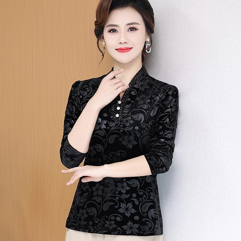 New Arrival: Plus Size Black Printed Long Sleeve T-shirt for Middle-Aged & Elderly Women, Loose Fit, Slimming, Versatile for Spring/Autumn.