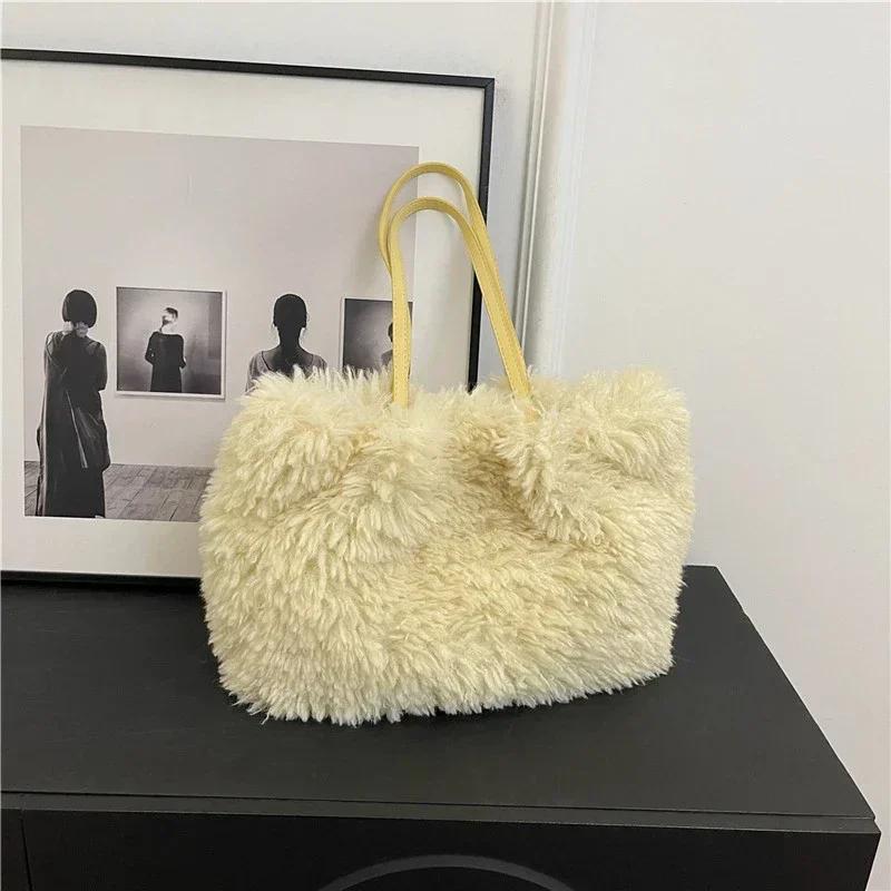 New large capacity solid color fur handbag for women trendy fashion casual single shoulder feminine bags