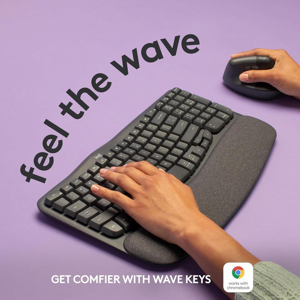 Logitech WAVE KEYS ergonomic keyboard, wireless Bluetooth dual-mode with built-in palm rest, comfortable office multi device connection