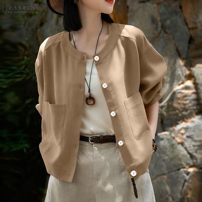 Women Casual Round Neck Loose Long Sleeve Cotton Blouse