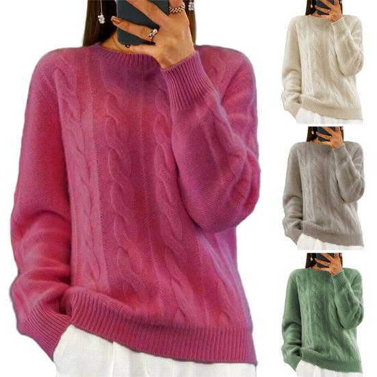 Women Sweater Round Neck Long Sleeve Twist Texture Knitting Tops Solid Color Loose Fit Retro Pullover Tops