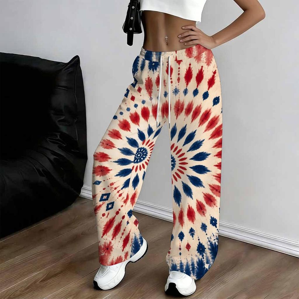Women Plus Size Loose Straight Leg Full Length Pants Red White Blue Star Stripe Printed