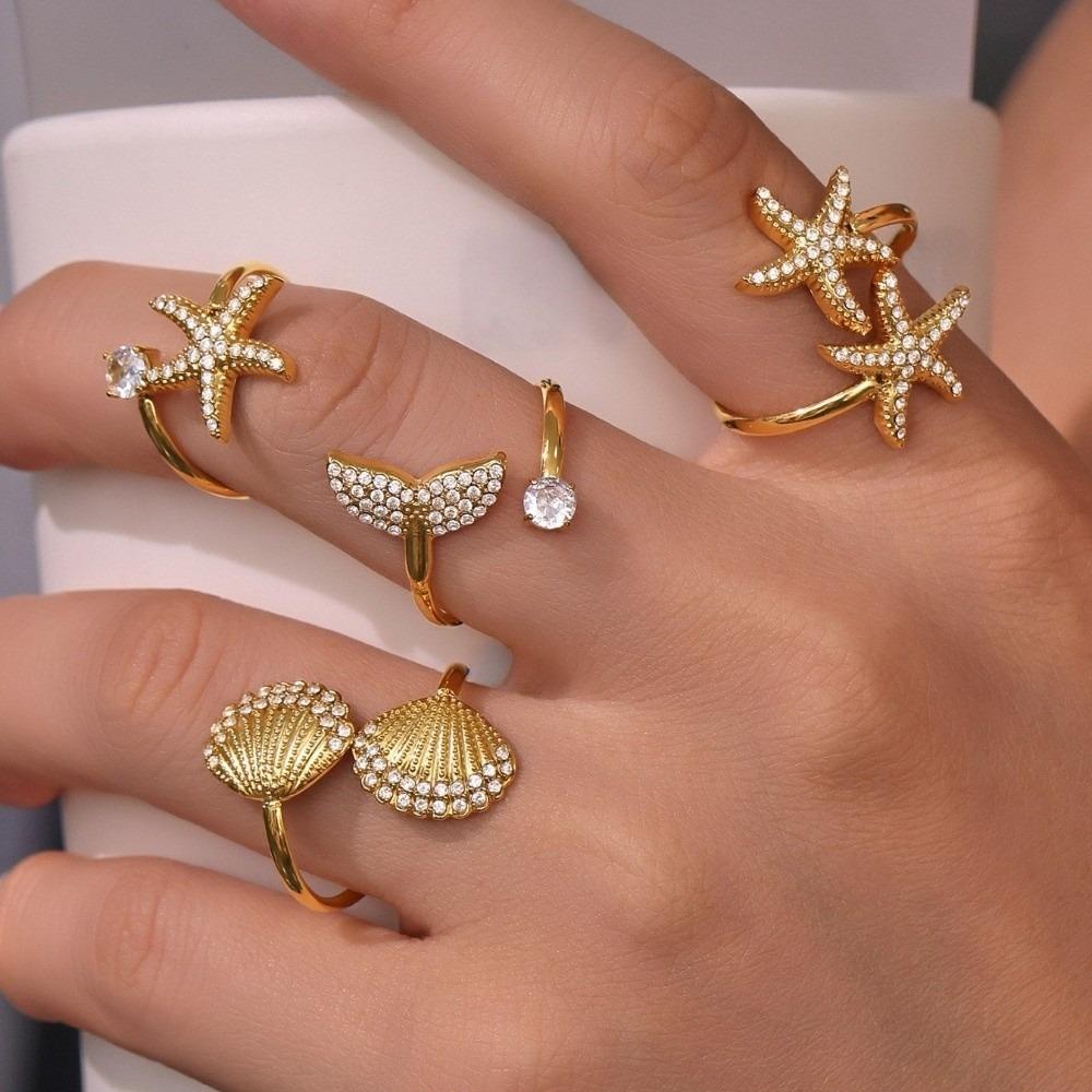 Exquisite Fish Tail Starfish Shell Finger Ring Jewelry Ocean Style Ring Cubic Zirconia Ring  Summer