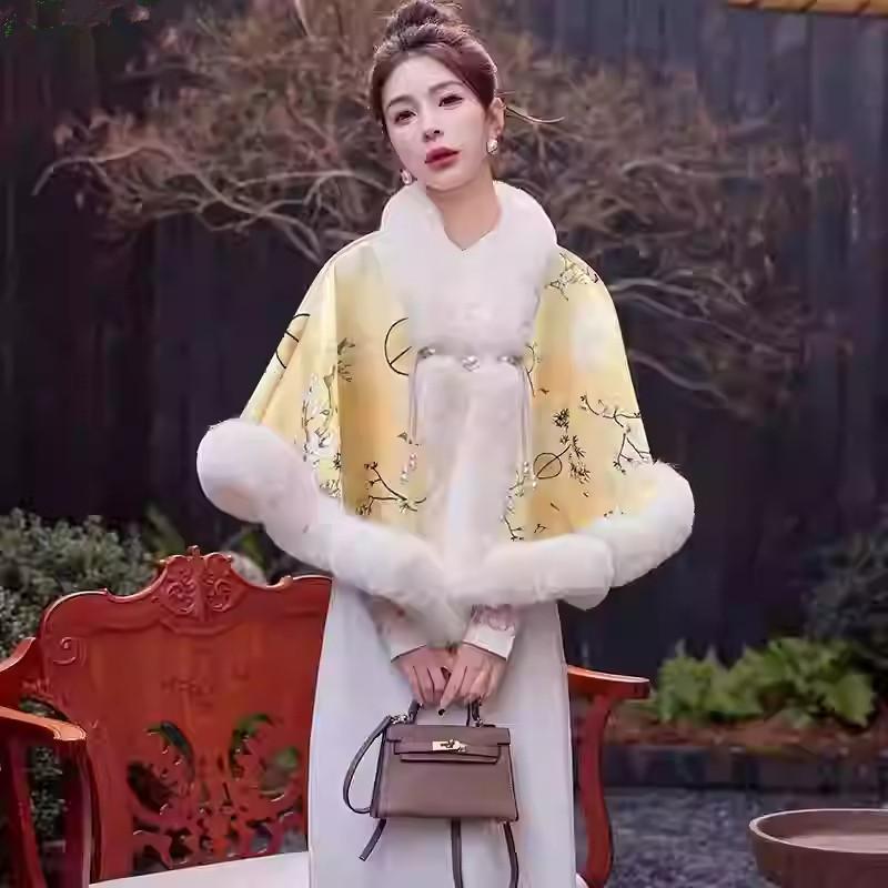 Small Cape Shawl Jacket Women'S Short Printed Velvet Thickened Rex Rabbit Hair Collar Sleeveless Cheongsam Wedding Dress