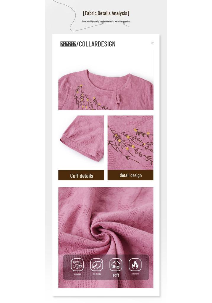 Embroidered Cotton Linen Short Sleeve Two-Piece Set for Middle-Aged & Elderly (Plus Size) - Summer 2026 Collection