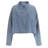 Shop   Women Semi Crop Collar Neck Button Open Denim Long Sleeve Shirt Dark Blue