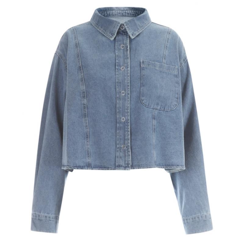 Shop Women Semi Crop Collar Neck Button Open Denim Long Sleeve Shirt Dark Blue