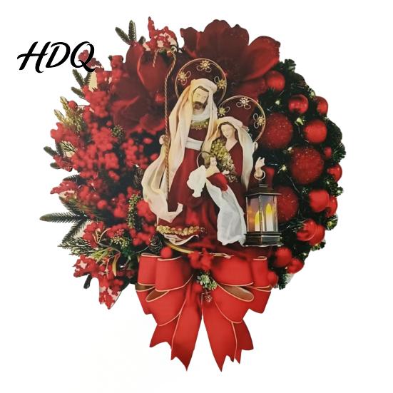 Artificial Holiday Wall Decor with Red Berries 2D Flat Wooden Nativity Christmas Wreath Little Jesus Holly Family Front Indoor Outdoor Mantel