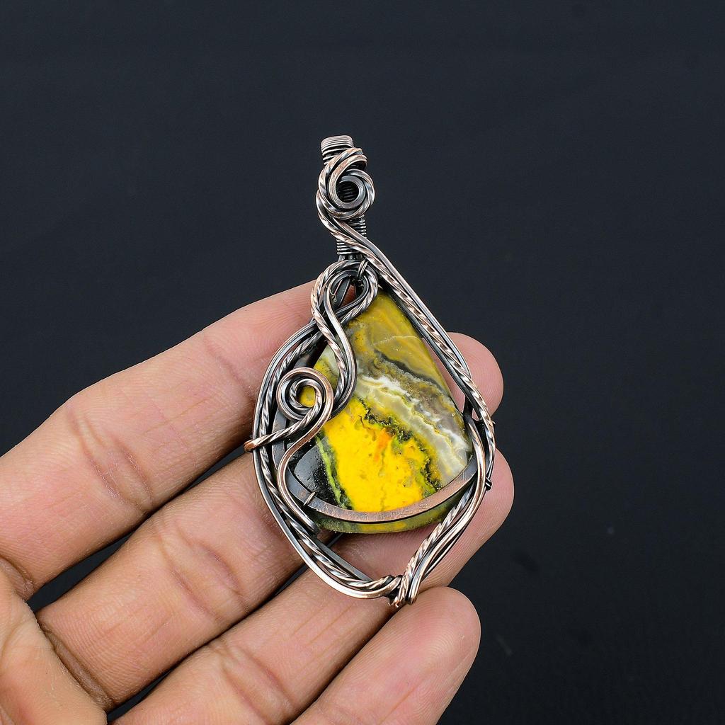 Bumblebee Jasper Pendant, 999 Copper Wire Wrapped Gemstone Jewelry, Handmade Pendant, For Mother Day