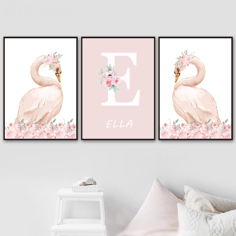 Pink Angel Girl Sun Moon Cloud Swan Castle Wall Art Nursery Canvas Painting Nordic Posters Prints Pictures Baby Kids Room Decor