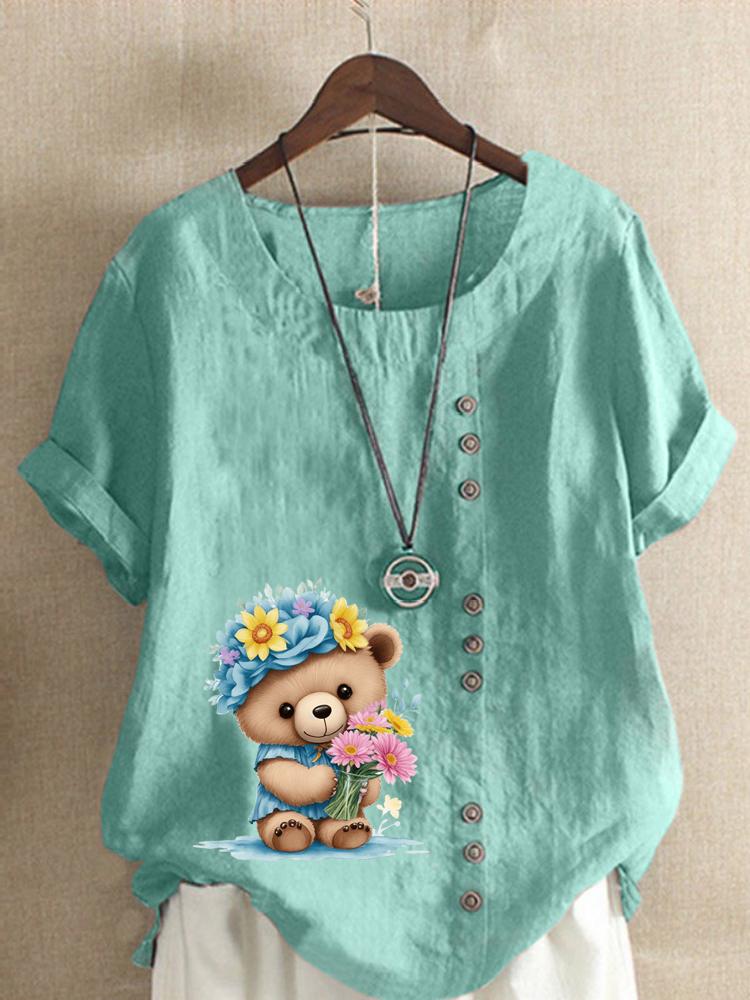 Women's Fashion Flower Bear Print Casual Cotton Linen Short Sleeve Round Neck T-shirt Shirt Leisure Loose Summer Blouse Tops