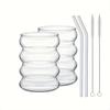 2 Tazas de Café de Vidrio de Borosilicato Alto 350ML/11.8oz con Pajita y Cepillo, Diseño Ondulado Vintage, Cristalería Estética Transparente