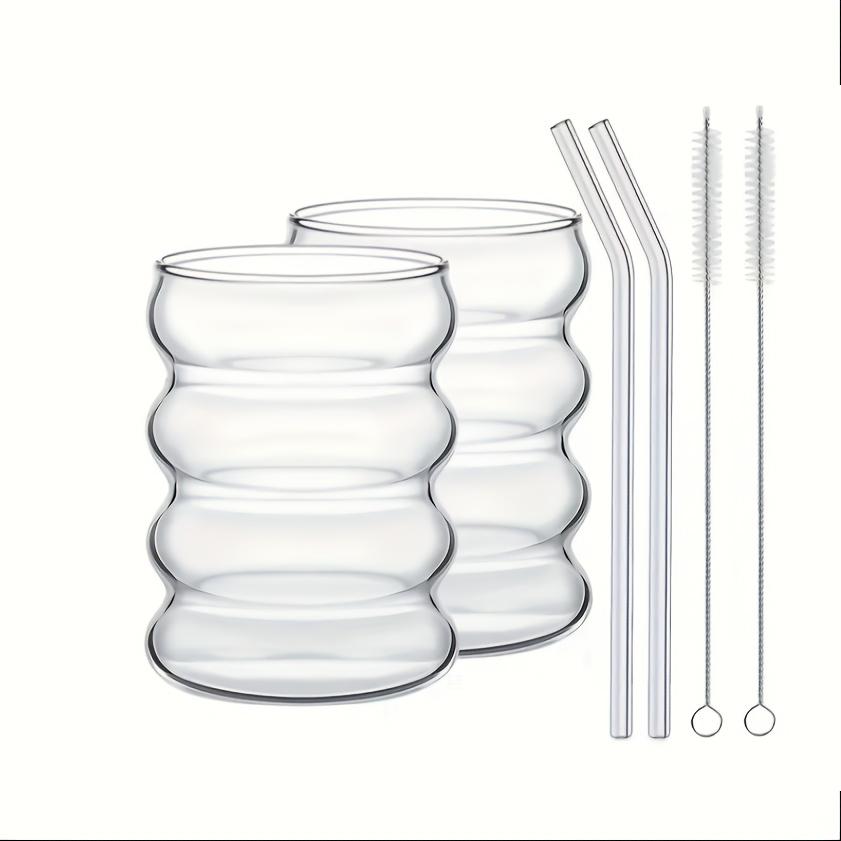 

2 High Borosilicate Glass Coffee Cups 350ML/11.8oz with Straw and Brush, Vintage Ripple Design, Transparent Aesthetic Drinkware 300ml