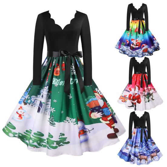 Buy Party Dress V Neck Large Swing Polyester Christmas Printed Pleated